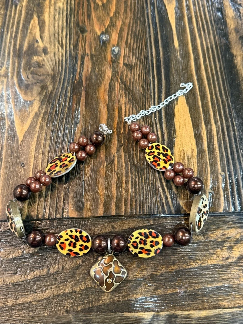 Leopard Accent Brown Beaded Pet Necklace